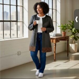 Neiman Marcus Black Leather Zip-Up Coat Leopard Print Hem Womens Outerwear 1X